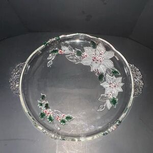 Mikasa Clear Glass Platter with Red and Green Floral Design